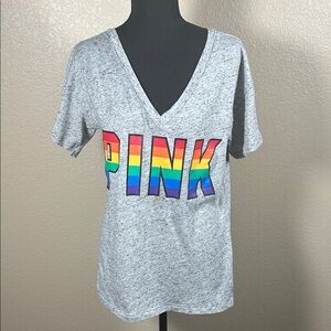 PINK Victoria's Secret Heather Gray V-Neck Tee with Rainbow Logo
